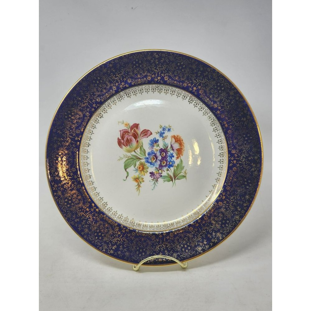 1942 Homer Laughlin 1Cobalt Blue Floral & 1Red Floral Plate 22-Karat Gold Trim